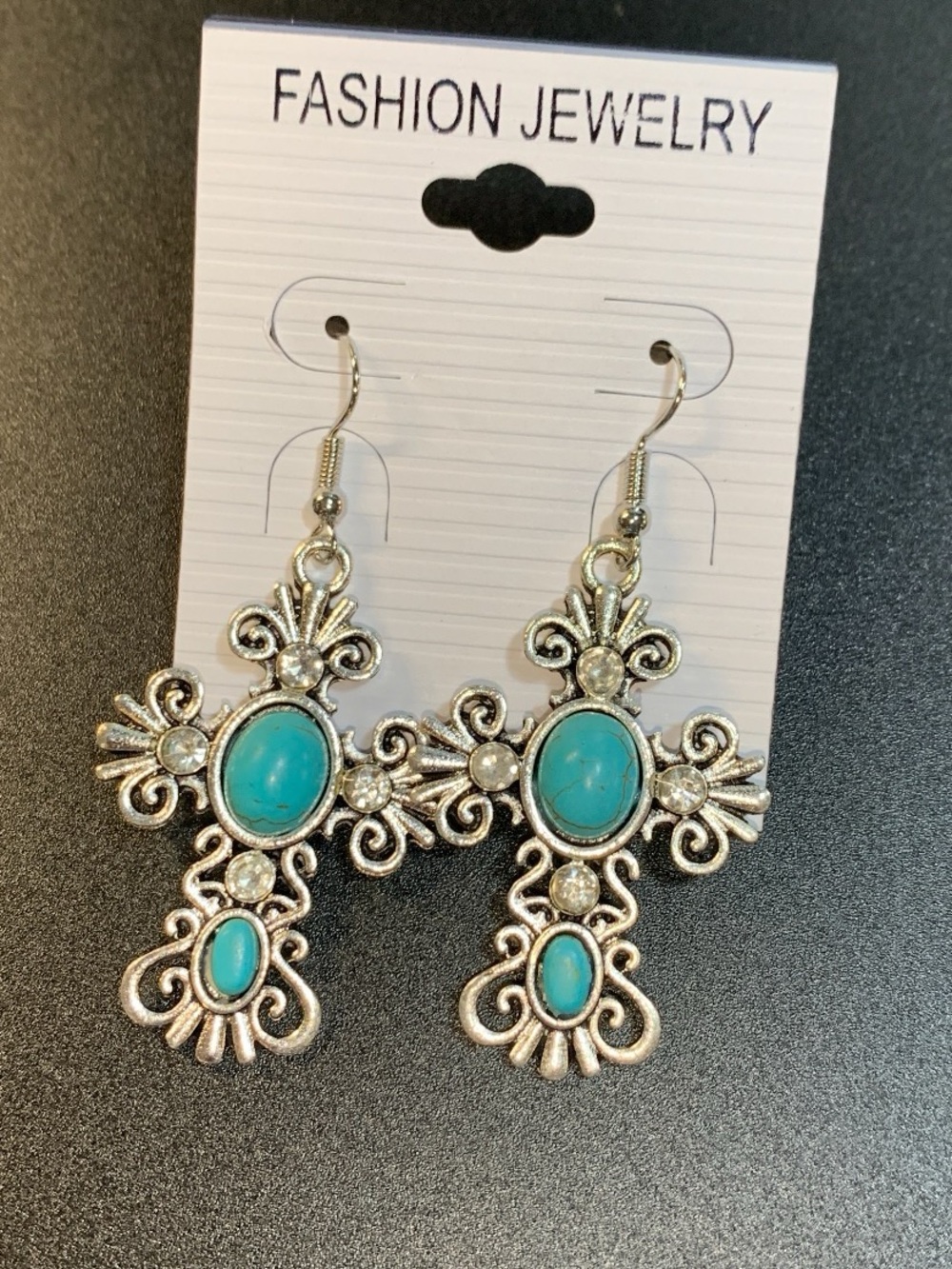 Silver tone and faux turquoise Cross Drop Earrings western boho